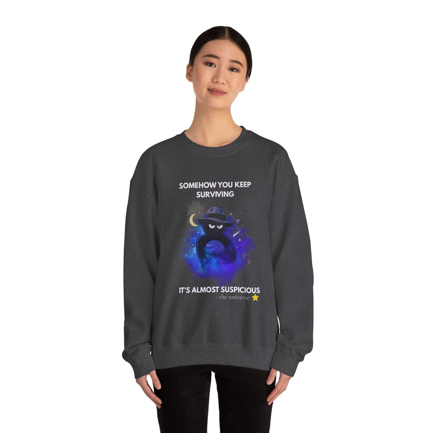 Funny Detective Sweatshirt – “It’s Almost Suspicious” Cosmic Crewneck, Unisex Black Pullover, Sarcastic Universe Gift for Mystery Lovers