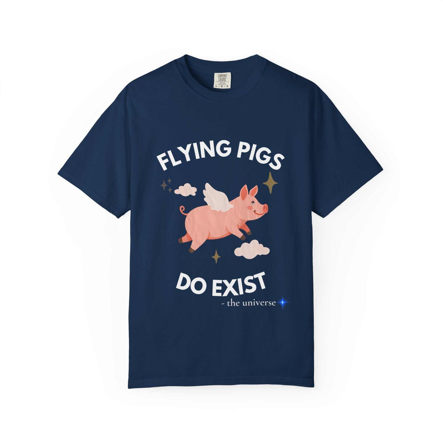A navy t-shirt with a graphic of a flying pig and the text "Flying Pigs Do Exist".