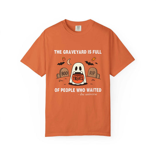 Comfort Colors® ghost Halloween t-shirt in orange with spooky graveyard print and treats design
