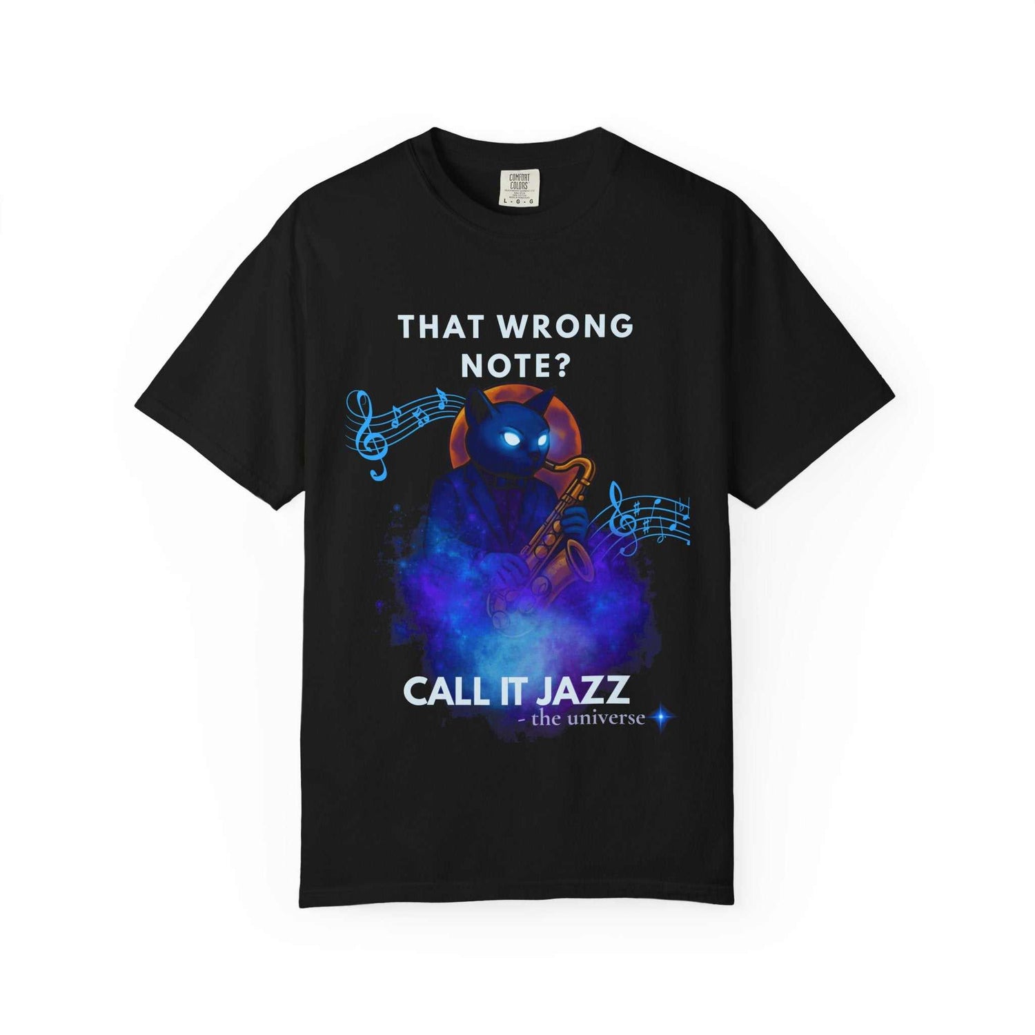 Black jazz-inspired unisex t-shirt with cosmic saxophone cat and "That wrong note? Call it jazz" text design