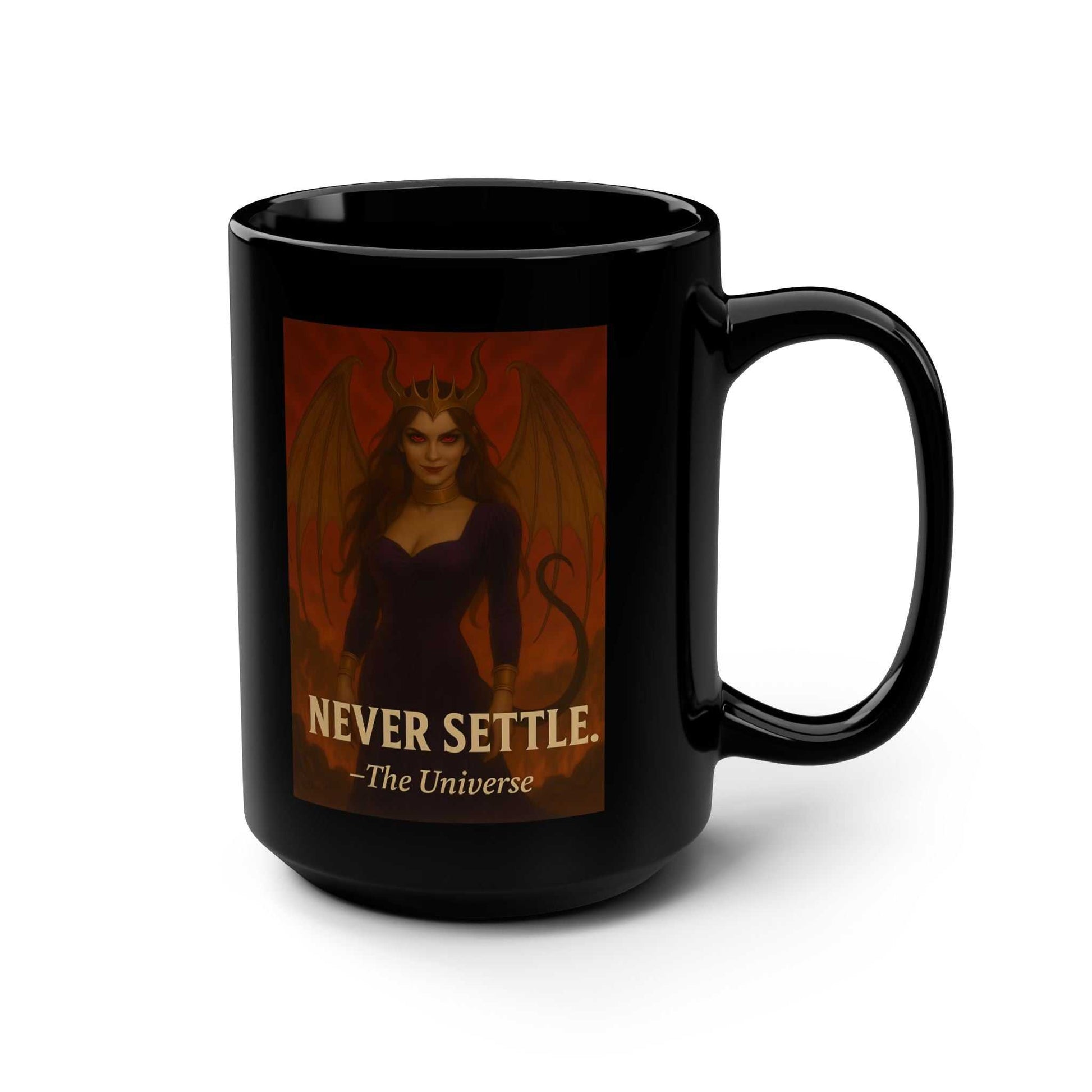 Black ceramic mug featuring a fantasy winged queen illustration and 'Never Settle. The Universe' text
