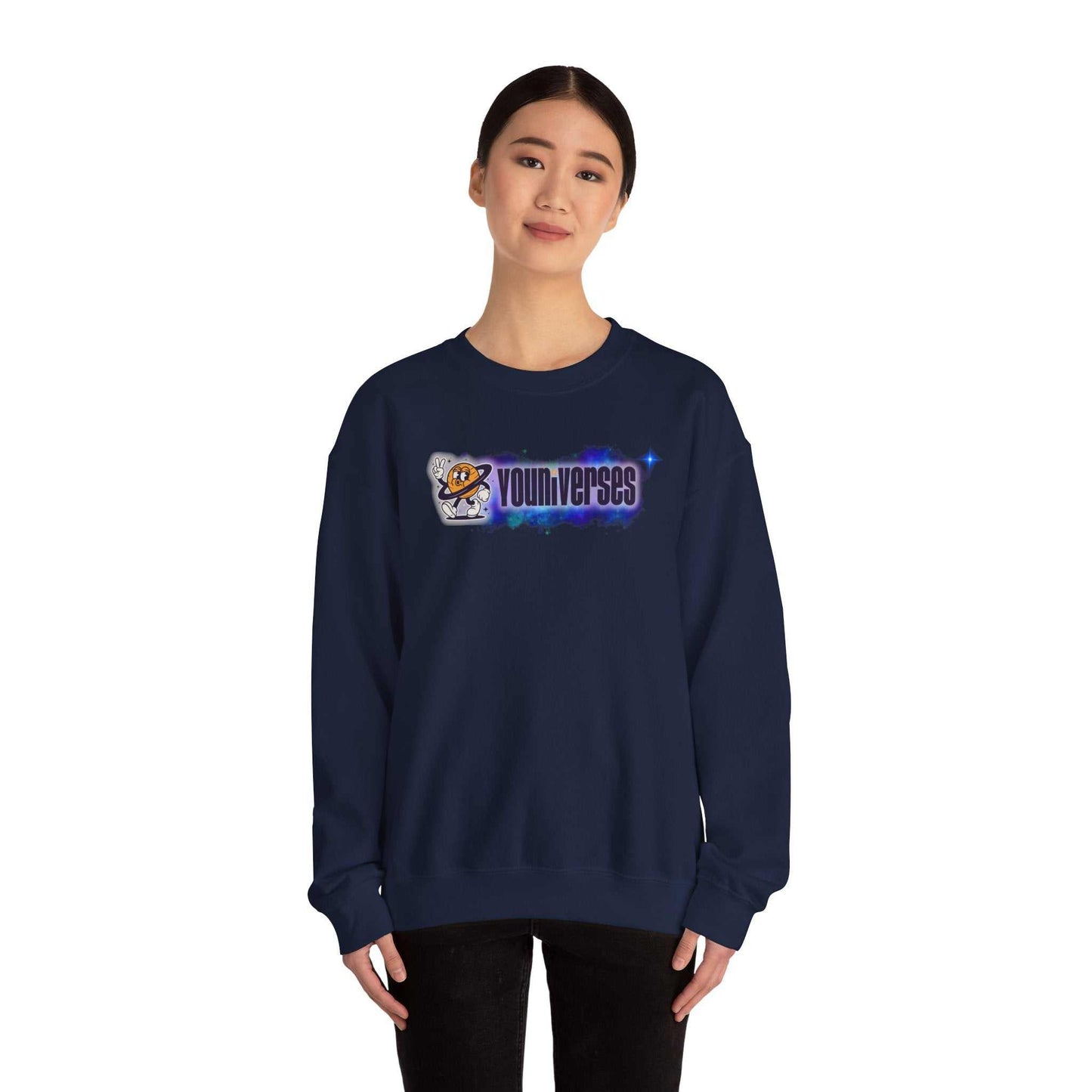 Navy crewneck sweatshirt with Youniverses space logo graphic, casual streetwear for teens