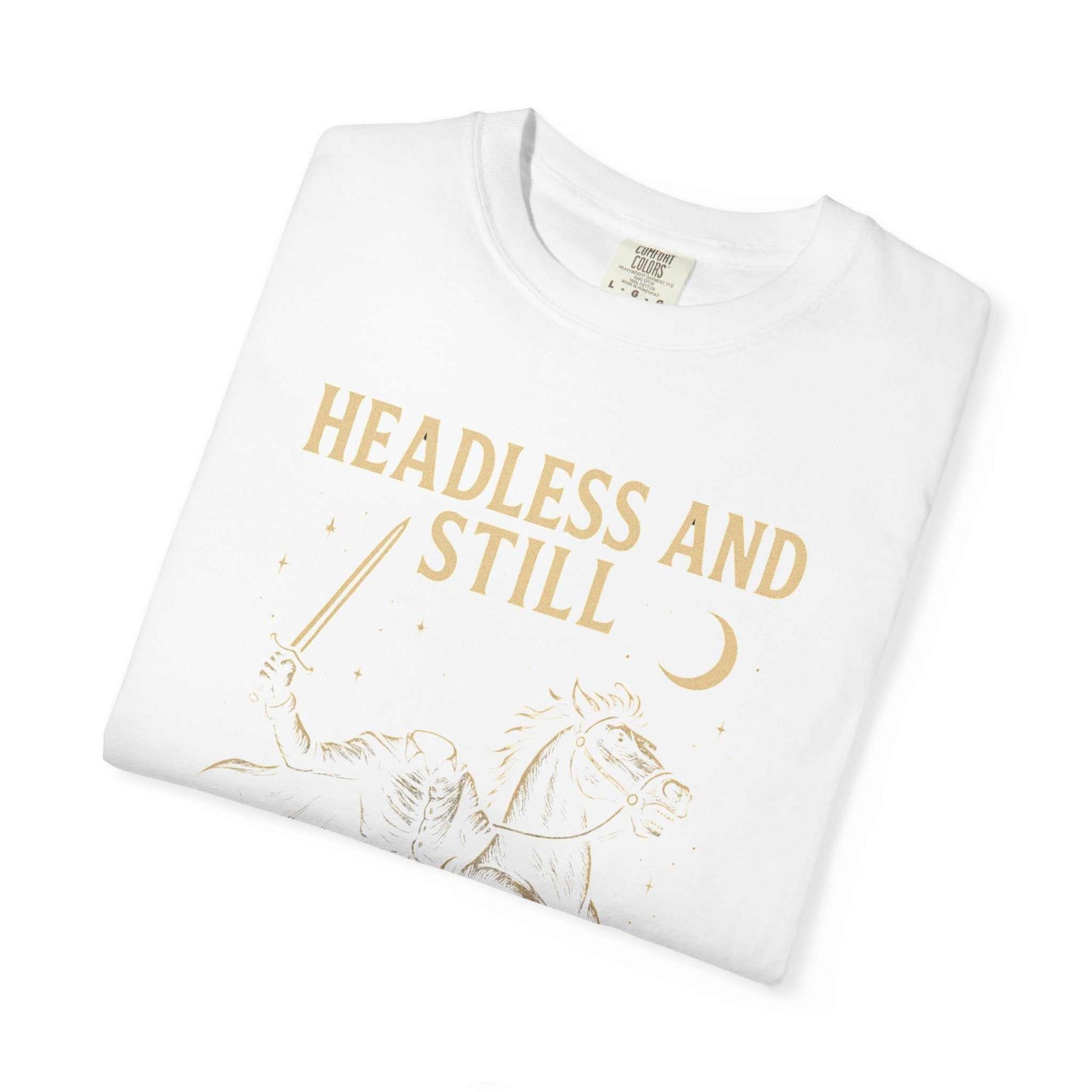 White eco-friendly Headless Horseman shirt with motivational Halloween design and unisex fit