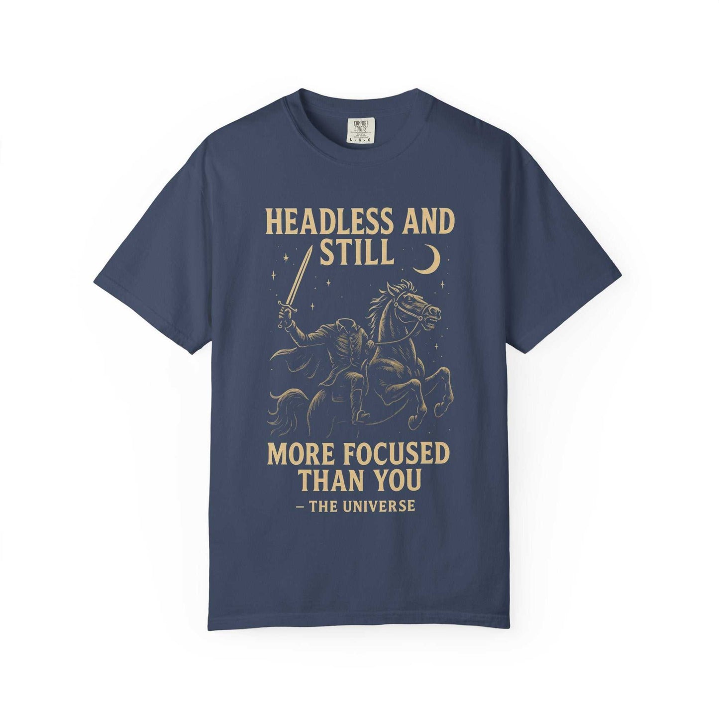 Navy Headless Horseman shirt with motivational Halloween design and eco-friendly cotton blend