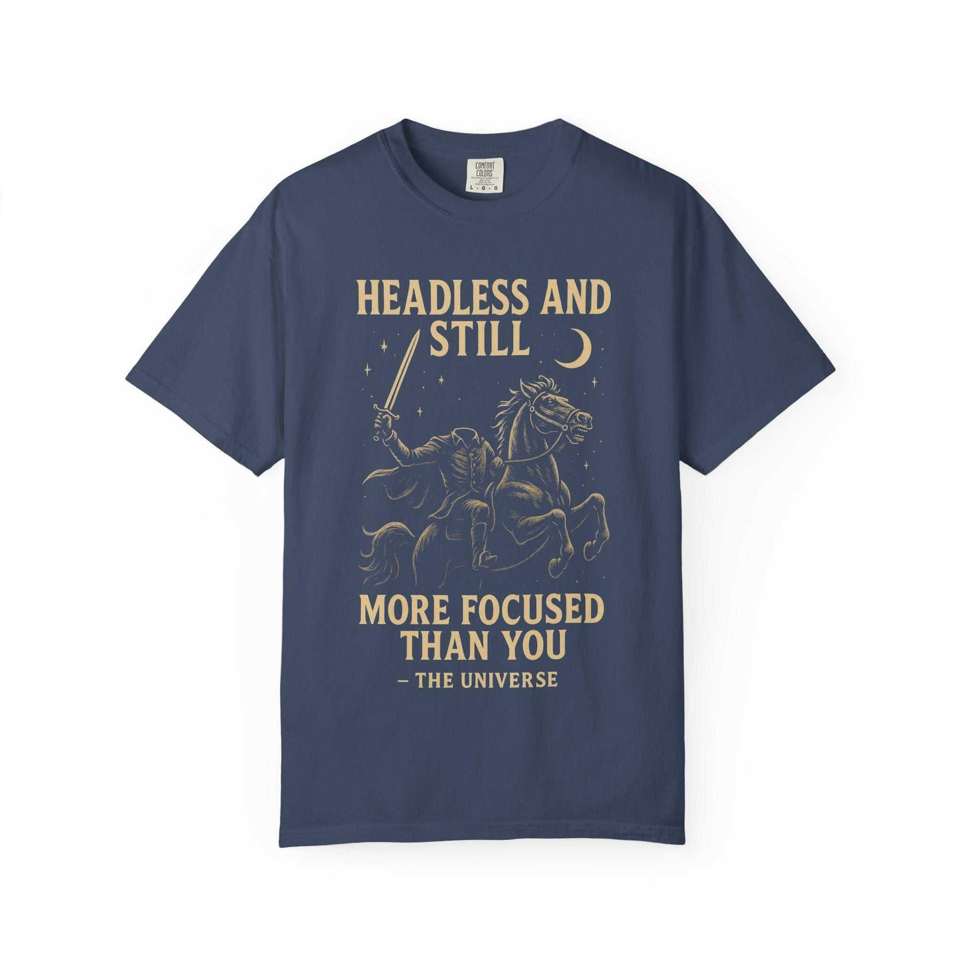 Navy Headless Horseman shirt with motivational Halloween design and eco-friendly cotton blend