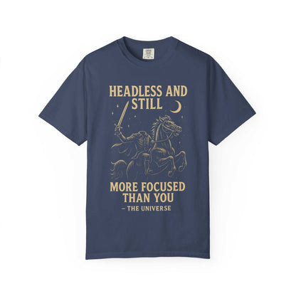 Navy Headless Horseman shirt with motivational Halloween design and eco-friendly cotton blend