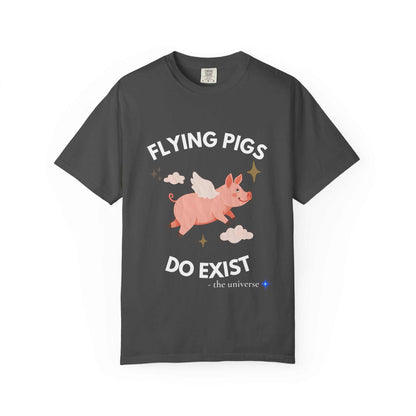 A dark gray t-shirt with a graphic of a flying pig and the text "Flying Pigs Do Exist".