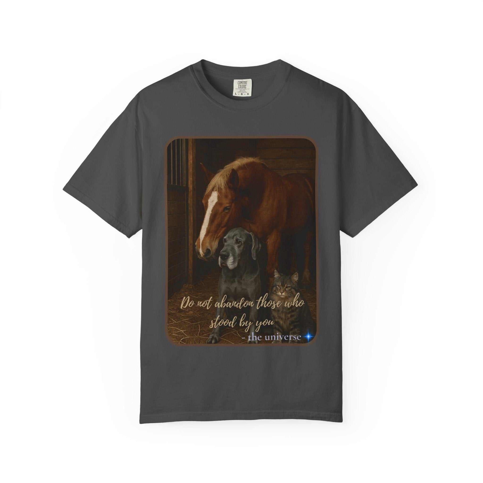 Comfort Colors 1717 Animal Rescue T-Shirt with horse, dog, cat graphic and "Do Not Abandon Those Who Stood By You" text, soft cotton, vintage style