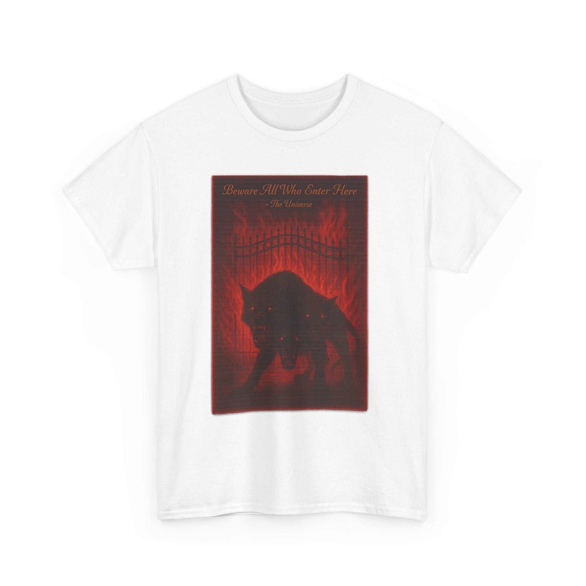 White unisex heavy cotton t-shirt with dark red Cerberus Guard mythical creature design