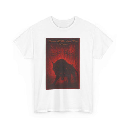 White unisex heavy cotton t-shirt with dark red Cerberus Guard mythical creature design