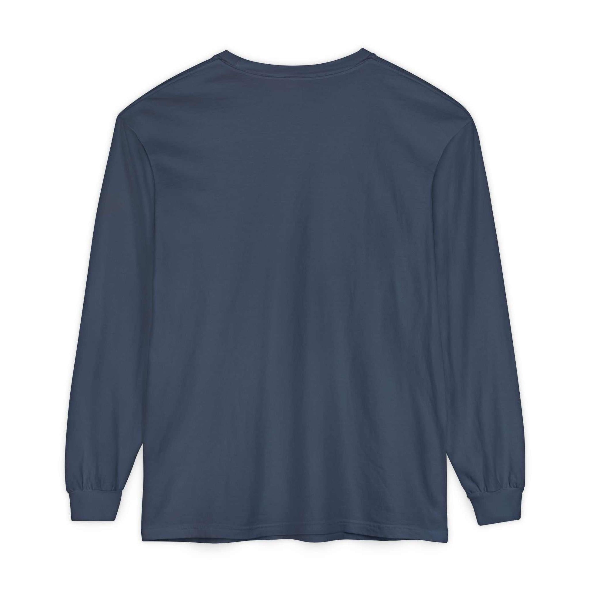 Comfort Colors long sleeve tee in navy blue with ready for battle theme, made of 100% ring-spun cotton, featuring ribbed cuffs and reinforced shoulders for durability and comfort