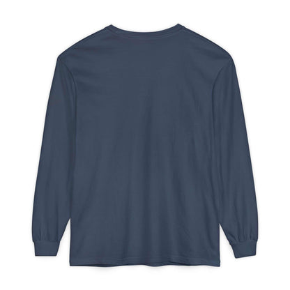 Comfort Colors long sleeve tee in navy blue with ready for battle theme, made of 100% ring-spun cotton, featuring ribbed cuffs and reinforced shoulders for durability and comfort