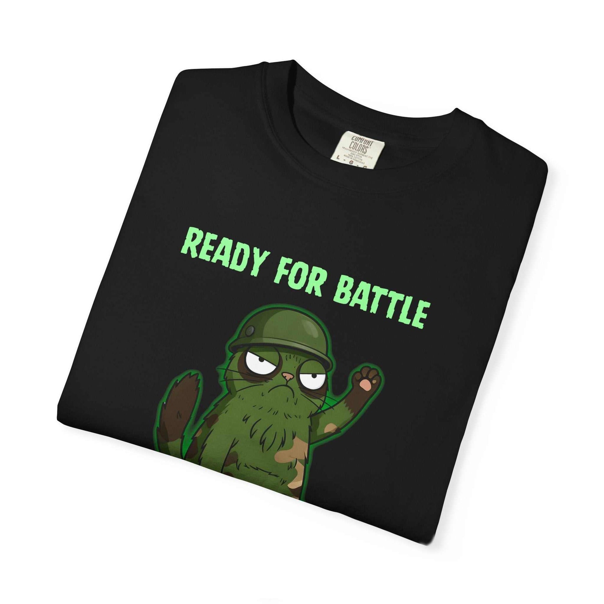 black garment dyed funny military sloth t-shirt with "Ready for Battle" graphic and relaxed fit