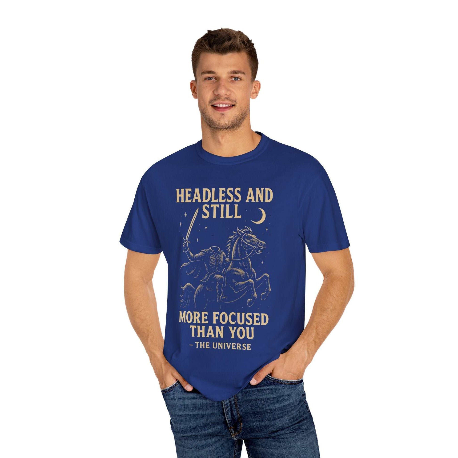 Man wearing blue Headless Horseman shirt with motivational Halloween design