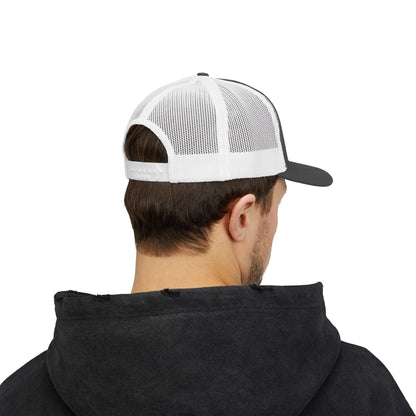 Back view of man wearing Planet Smile Retro Cartoon Space Patch Trucker Cap with white mesh and black snapback visor