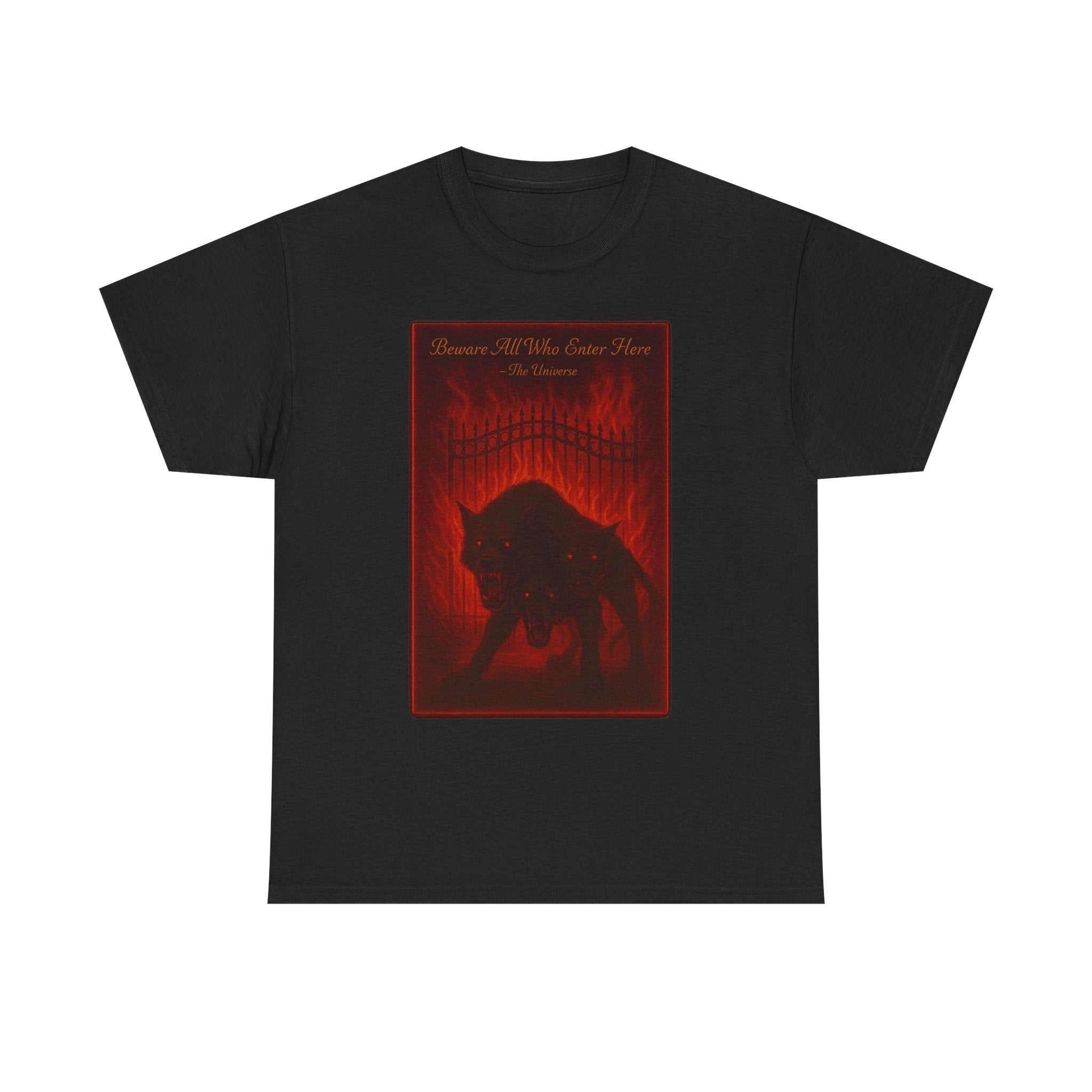 Cerberus Guard unisex heavy cotton t-shirt featuring dark mystical three-headed dog design