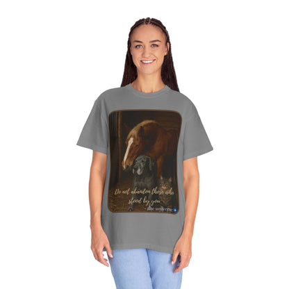 Woman wearing gray Comfort Colors 1717 Animal Rescue T-Shirt with horse and dog graphic and "Do not abandon those who stood by you" text