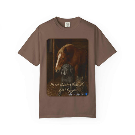 Comfort Colors 1717 Animal Rescue T-Shirt with horse, dog, and cat illustration and "Do Not Abandon Those Who Stood By You" text, soft vintage cotton tee