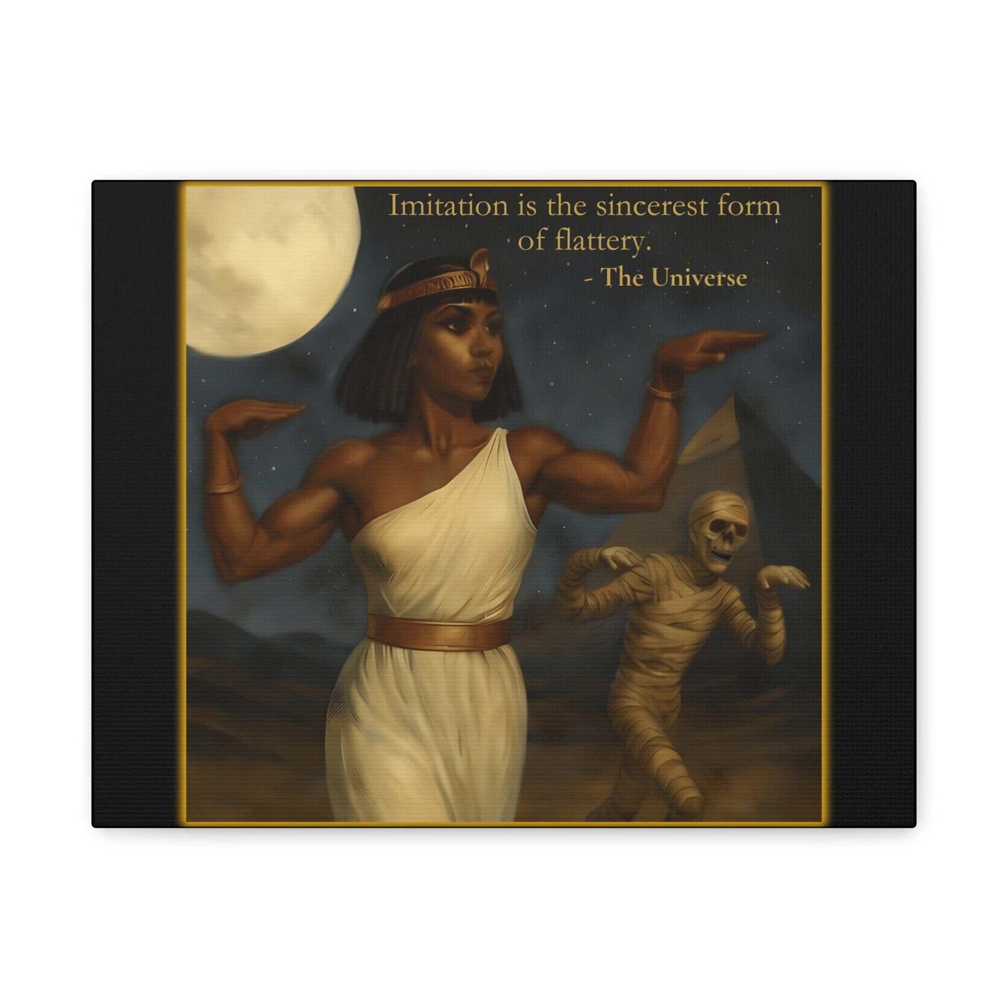 Egyptian queen in white dress poses under full moon with pyramid and mummy in background, Youniverses art