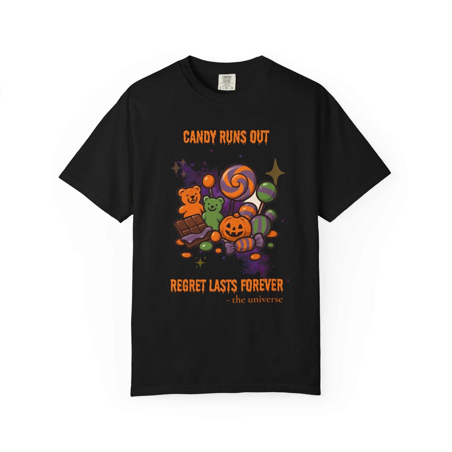 Black t-shirt with a Halloween candy graphic and text.