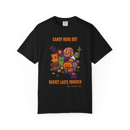 Black t-shirt with a Halloween candy graphic and text.