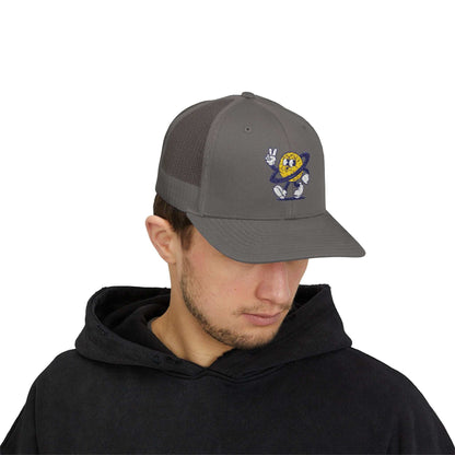Gray Planet Smile Trucker Cap with retro cartoon planet patch and breathable mesh back worn by man