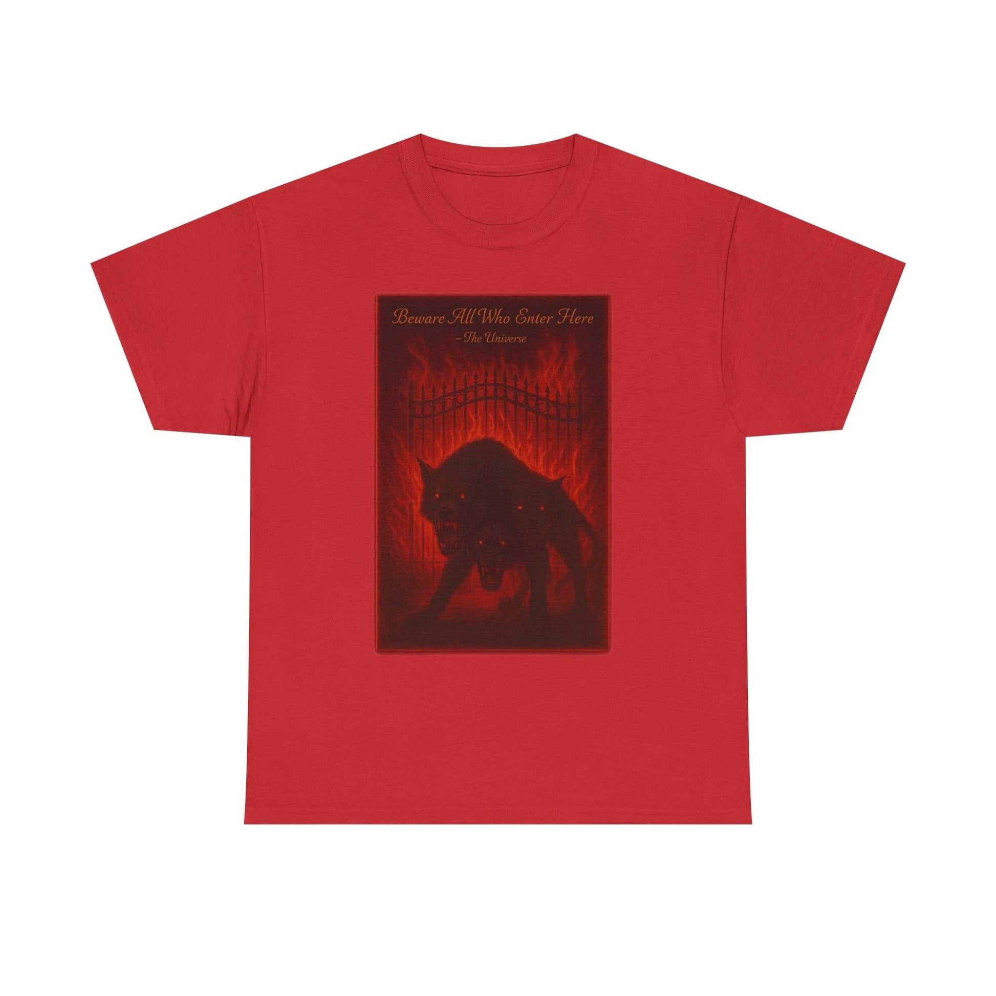 Red unisex heavy cotton t-shirt featuring a dark Cerberus Guard mythical creature design with three-headed hound and fiery background.