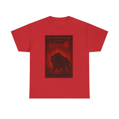 Red unisex heavy cotton t-shirt featuring a dark Cerberus Guard mythical creature design with three-headed hound and fiery background.