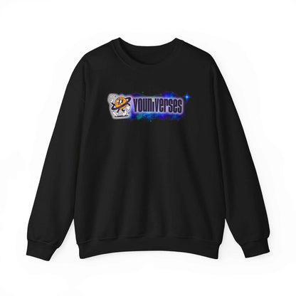 Black crewneck sweatshirt with Youniverses space logo and astronaut graphic on front