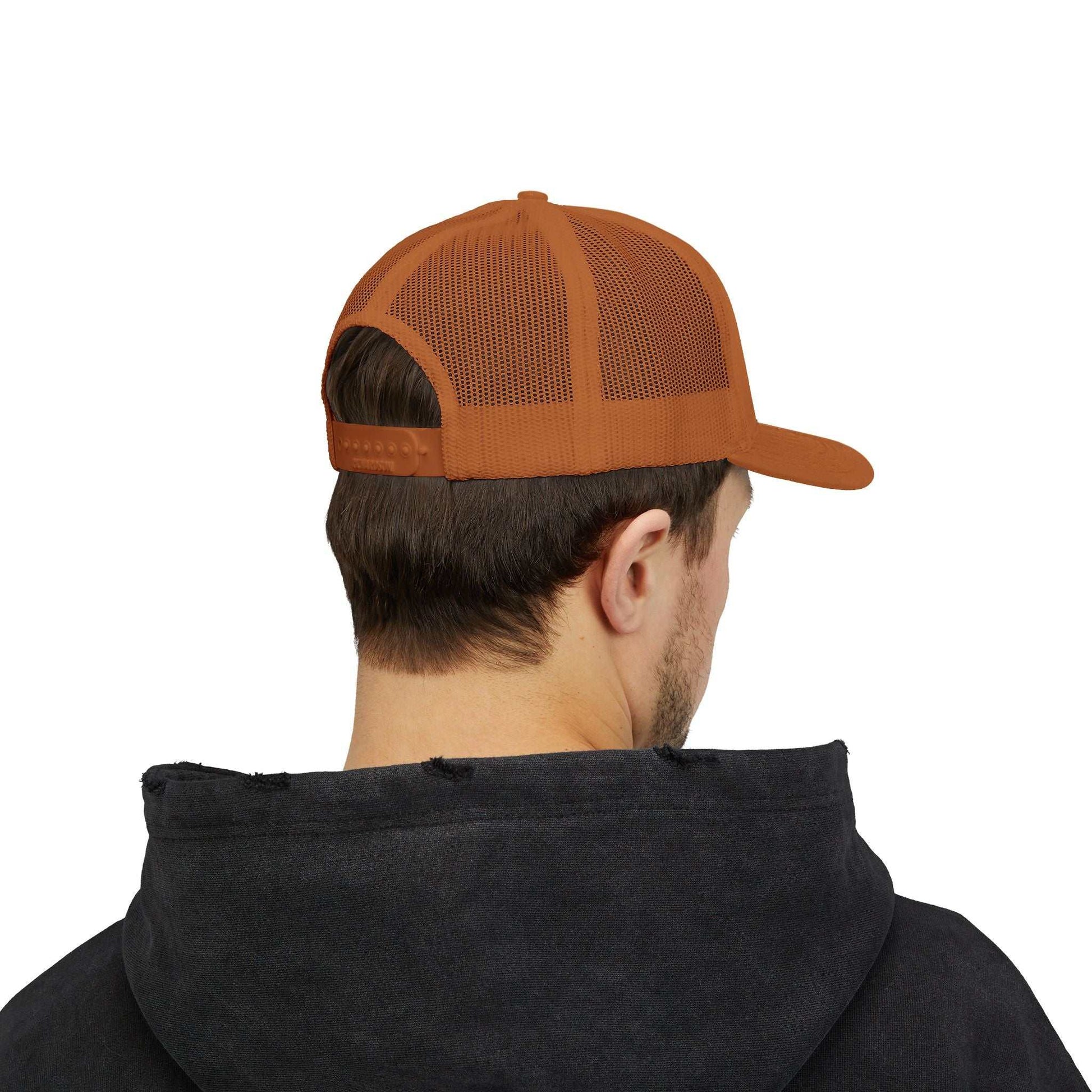 Rear view of person wearing brown Planet Smile Trucker Cap with breathable mesh back and snapback closure