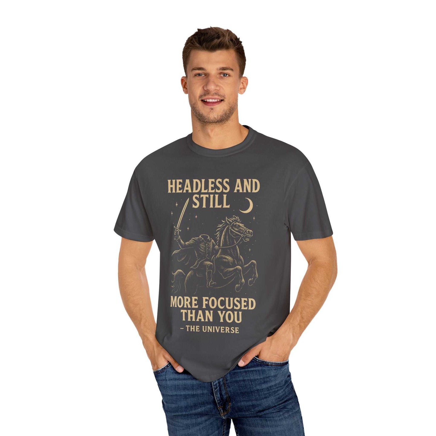 Man wearing a dark gray Headless Horseman shirt with motivational Halloween design and text on front