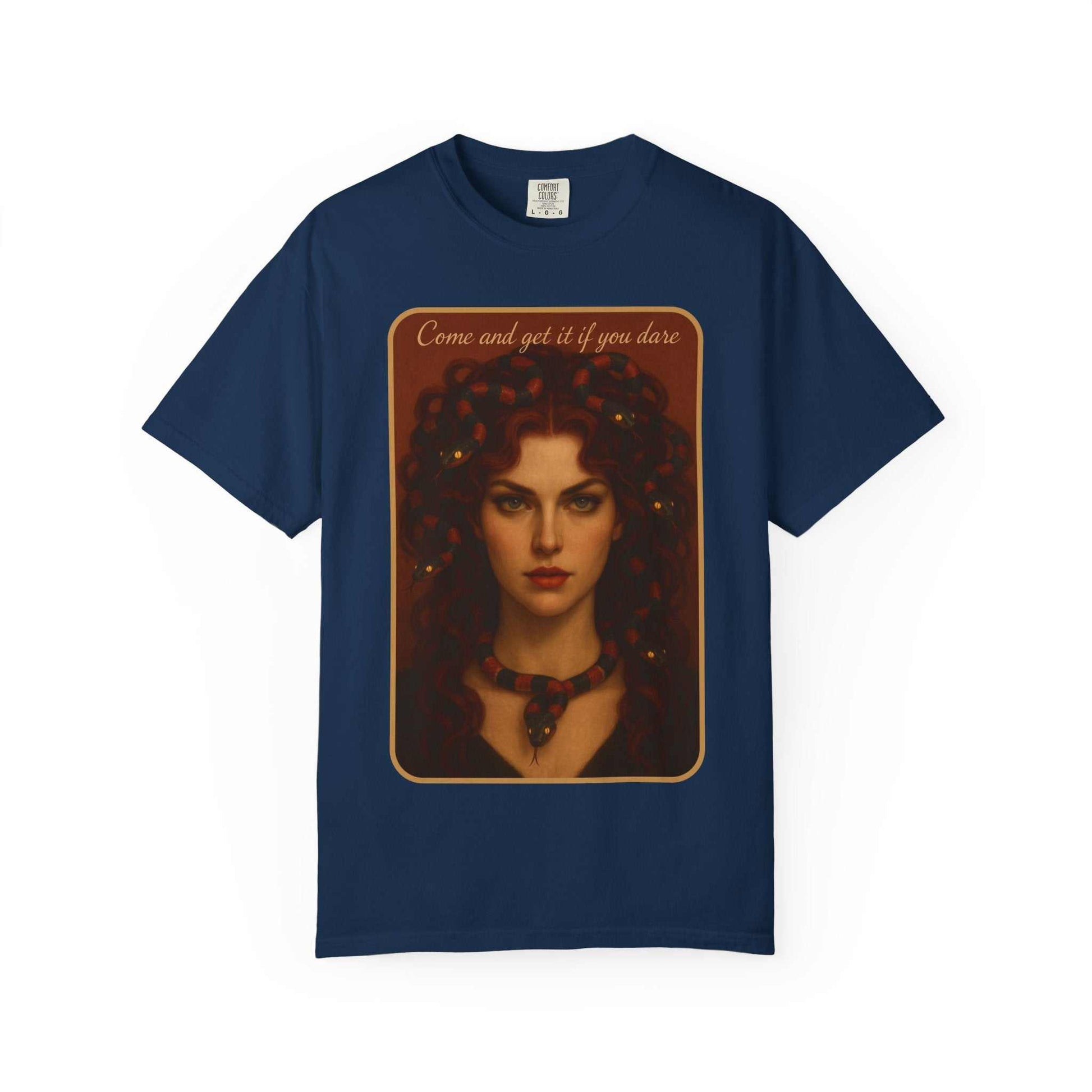 Comfort Colors Medusa Graphic T-Shirt with "Come and Get It" design on navy blue cotton tee