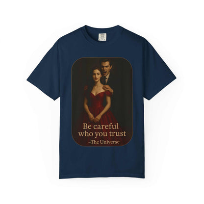 Navy unisex Vampire Graphic T-Shirt with gothic horror vampire and woman design and "Be careful who you trust" text