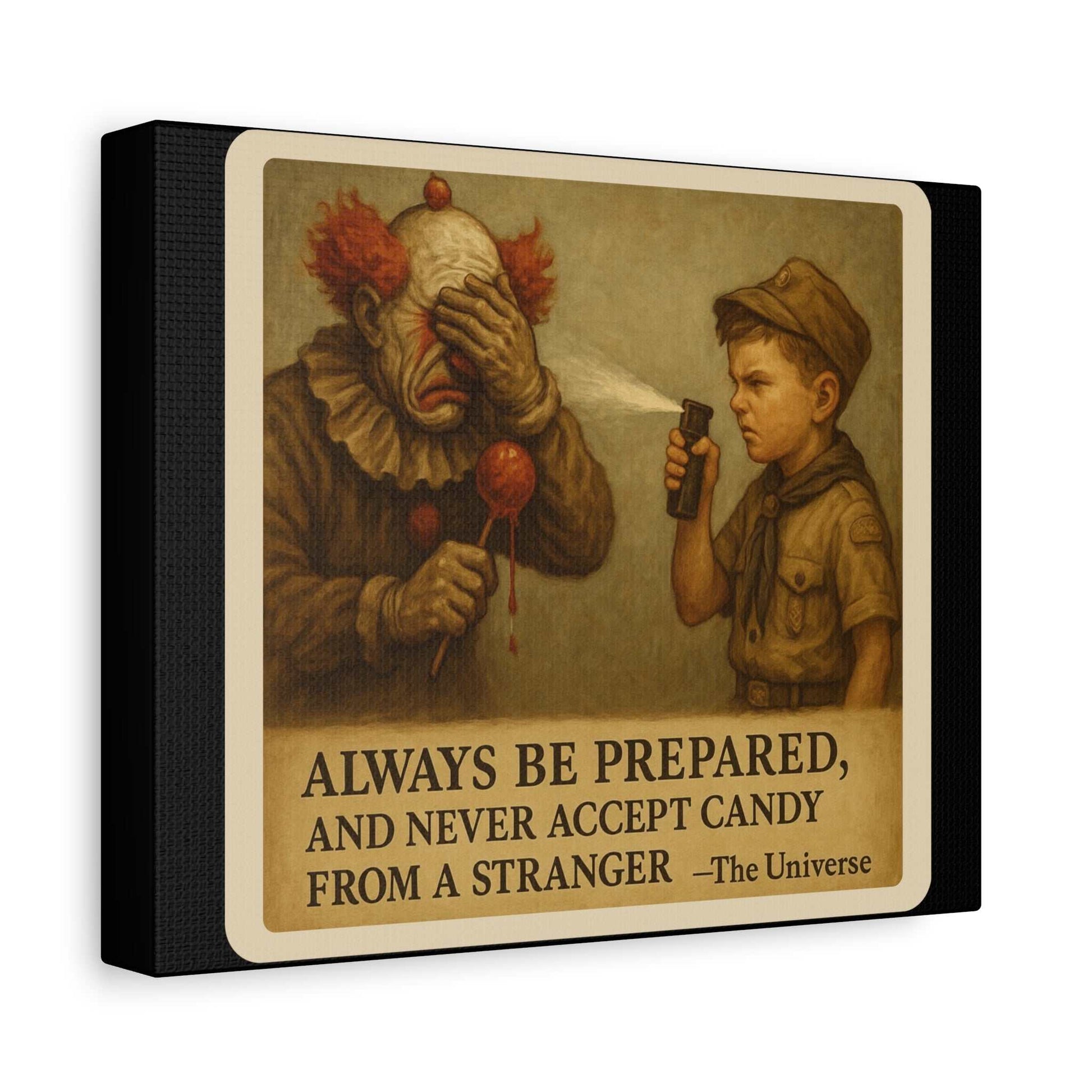 Canvas art of scout spraying clown holding candy, with safety message about strangers, Youniverses