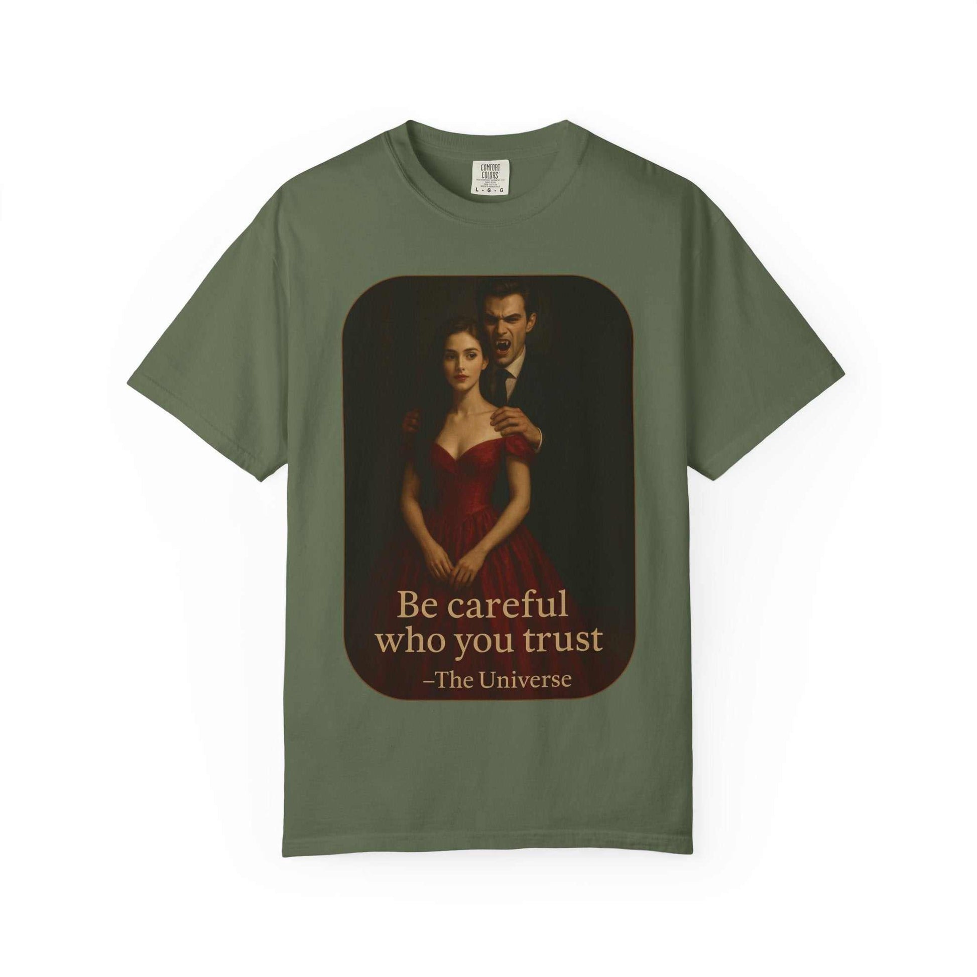 Unisex cotton Vampire Graphic T-Shirt with vampire and woman design and "Be careful who you trust" text in gothic horror style