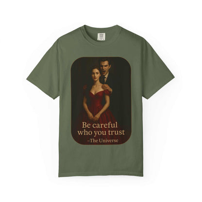 Unisex cotton Vampire Graphic T-Shirt with vampire and woman design and "Be careful who you trust" text in gothic horror style