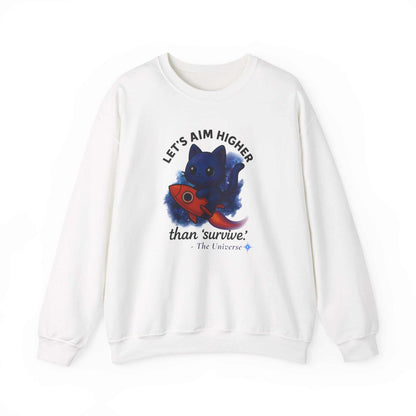 White crewneck sweatshirt with navy cat holding red rocket and "Let's aim higher than survive" graphic on chest