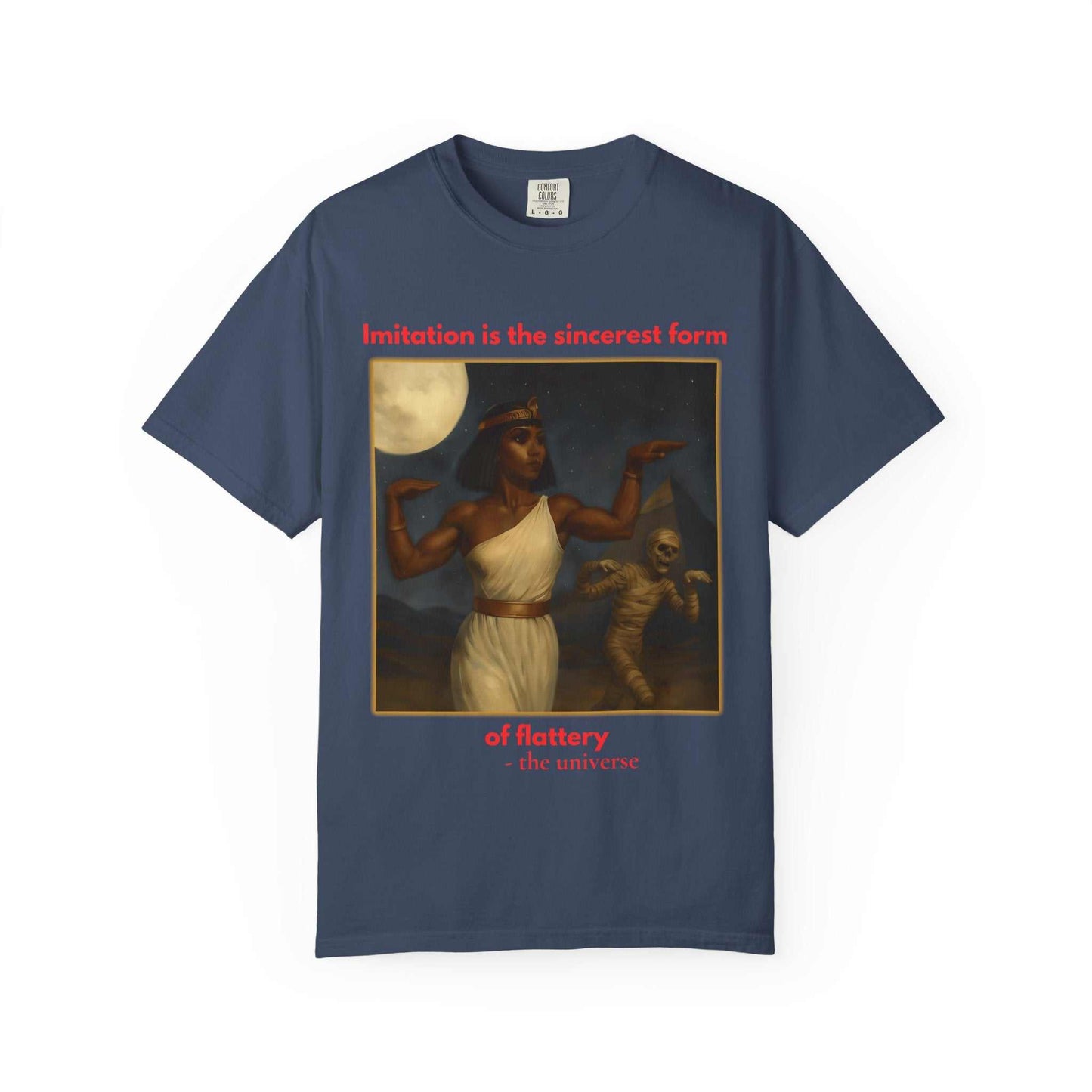 Unisex Egyptian Mummy T-Shirt with Cleopatra and pyramid graphic on navy cotton tee
