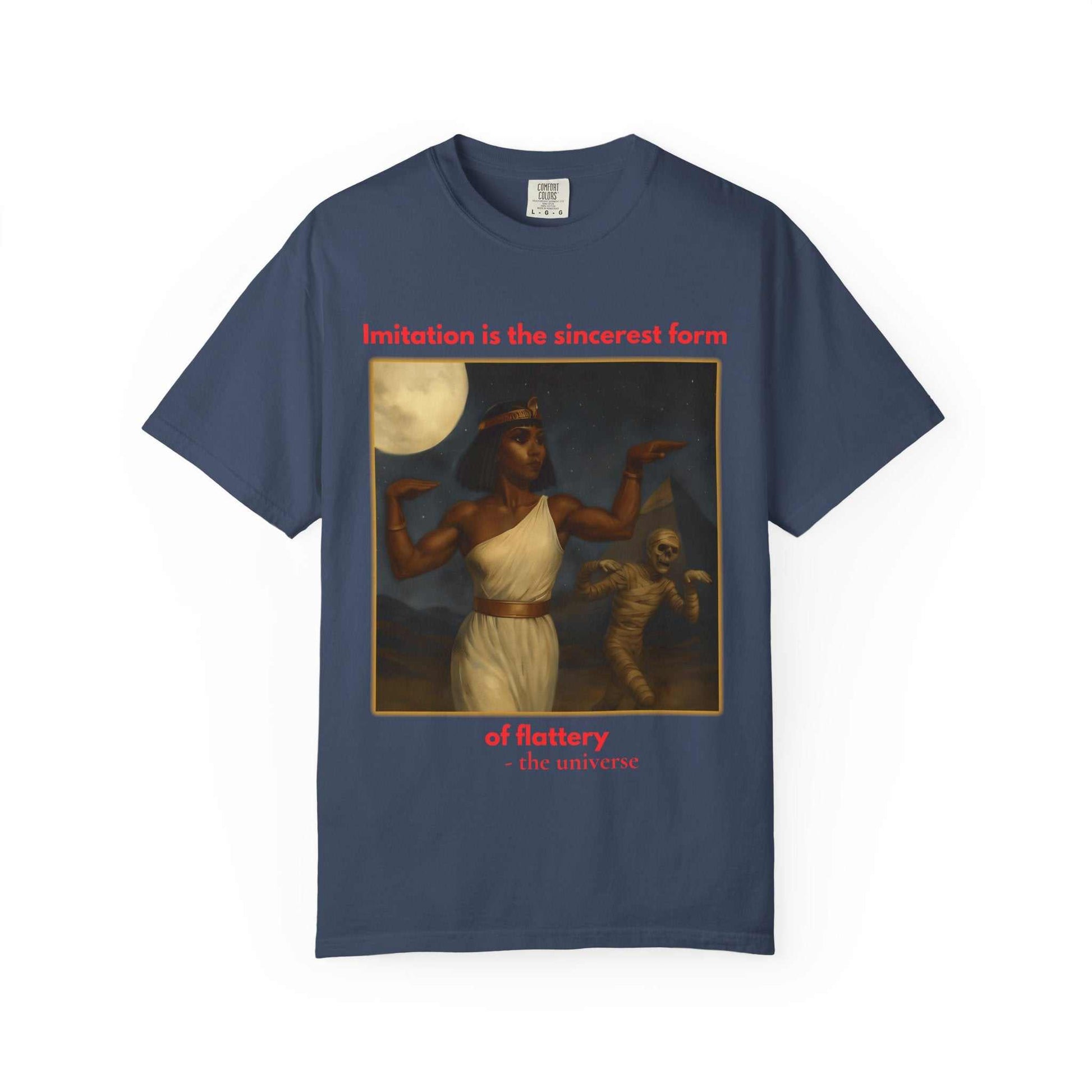 Unisex Egyptian Mummy T-Shirt with Cleopatra and pyramid graphic on navy cotton tee