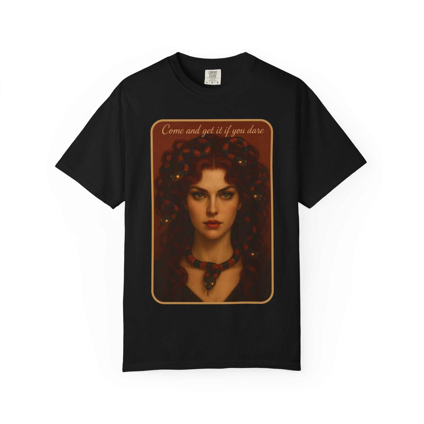 Black Comfort Colors medusa graphic t-shirt with "Come and Get It" design and 100% cotton fabric