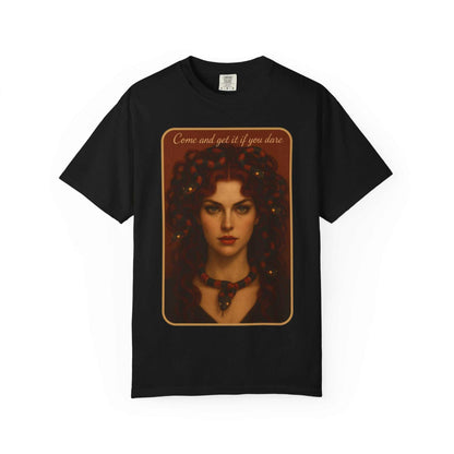 Black Comfort Colors medusa graphic t-shirt with "Come and Get It" design and 100% cotton fabric