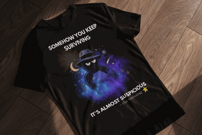 Funny Detective T-Shirt – “It’s Almost Suspicious” Cosmic Design
