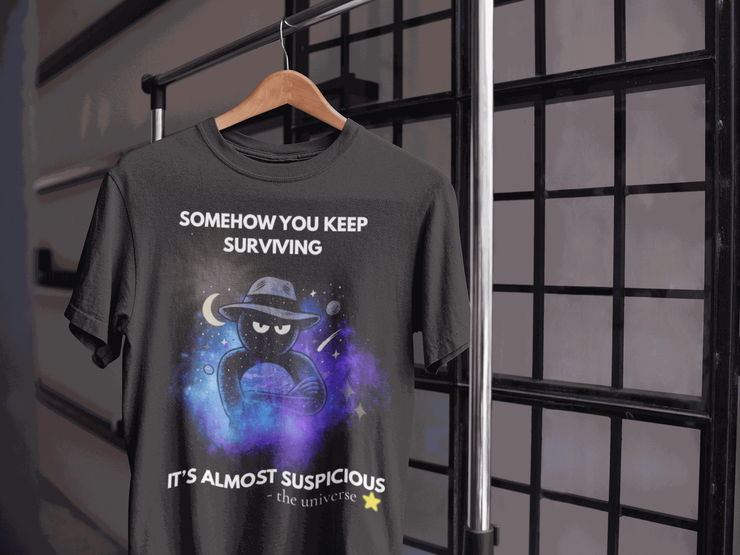 Funny Detective T-Shirt – “It’s Almost Suspicious” Cosmic Design