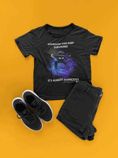 Funny Detective T-Shirt – “It’s Almost Suspicious” Cosmic Design