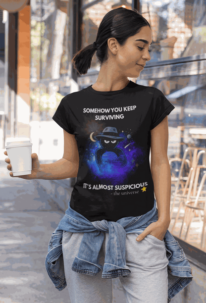 Funny Detective T-Shirt – “It’s Almost Suspicious” Cosmic Design