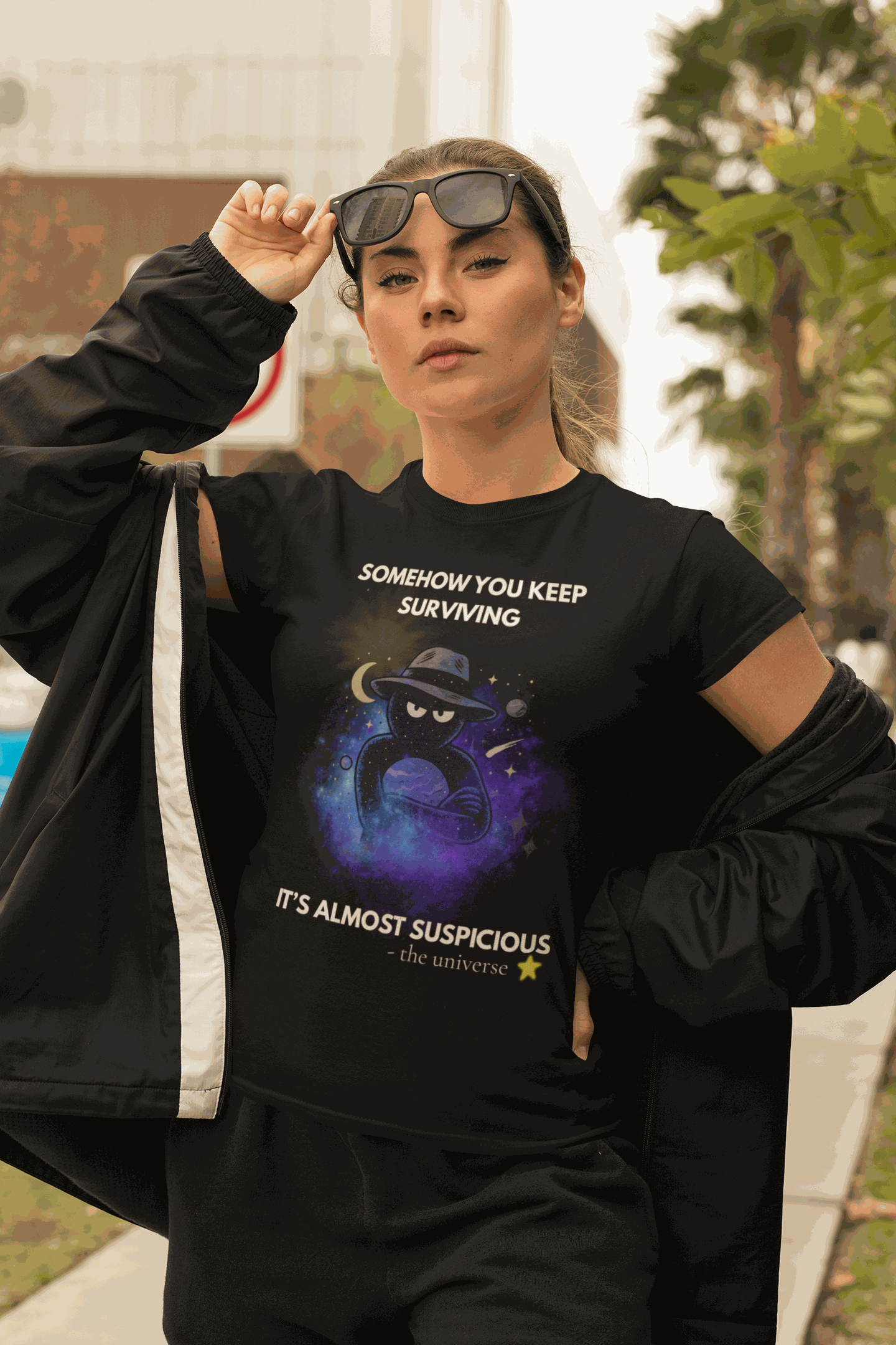 Funny Detective T-Shirt – “It’s Almost Suspicious” Cosmic Design