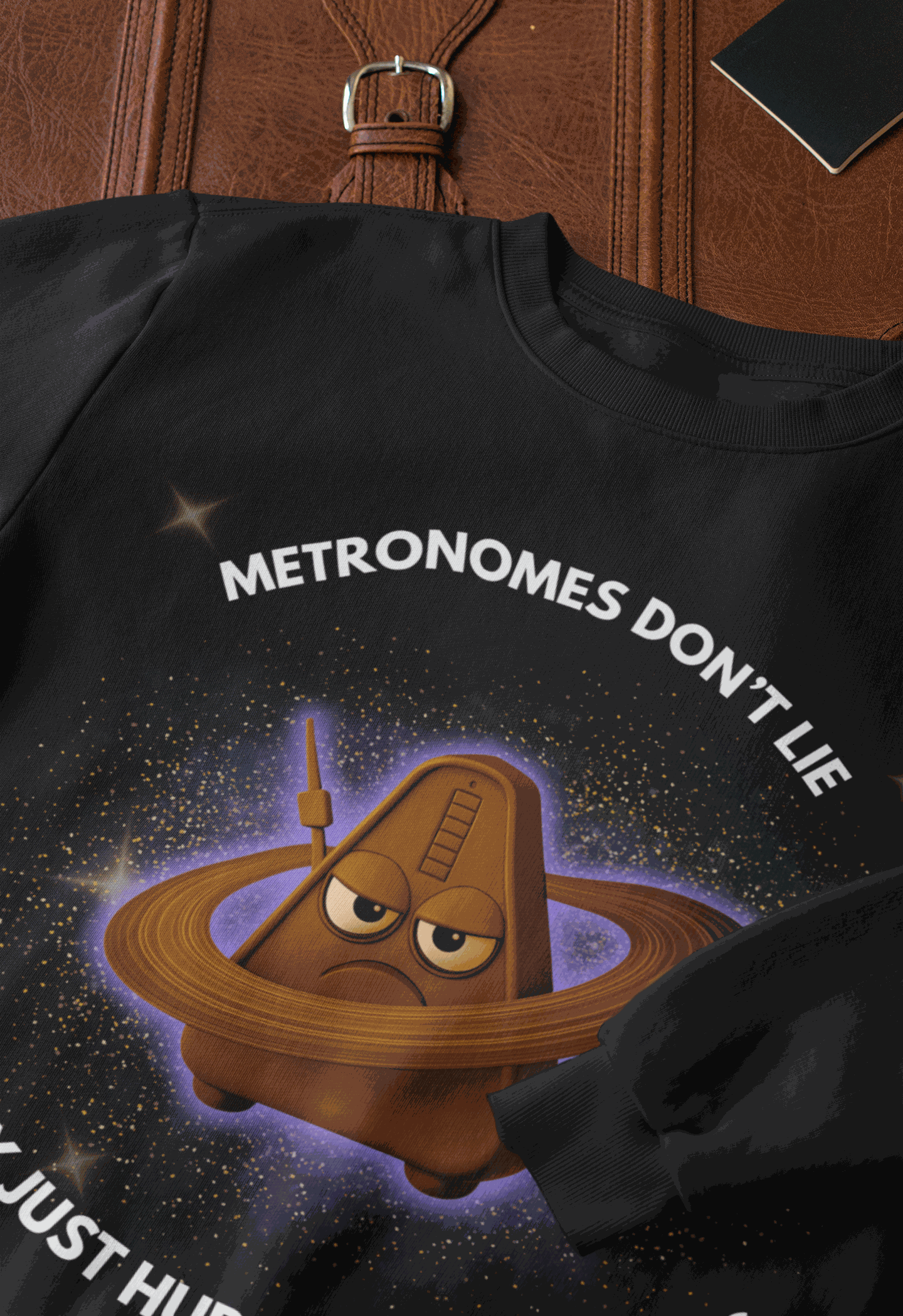 Black sweatshirt with a grumpy metronome in space and text.