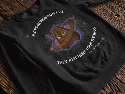 Black sweatshirt with a grumpy metronome in space and text.