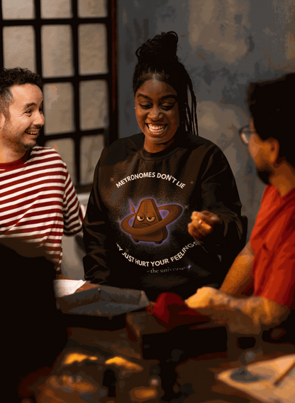 Black sweatshirt with a grumpy metronome graphic and text.