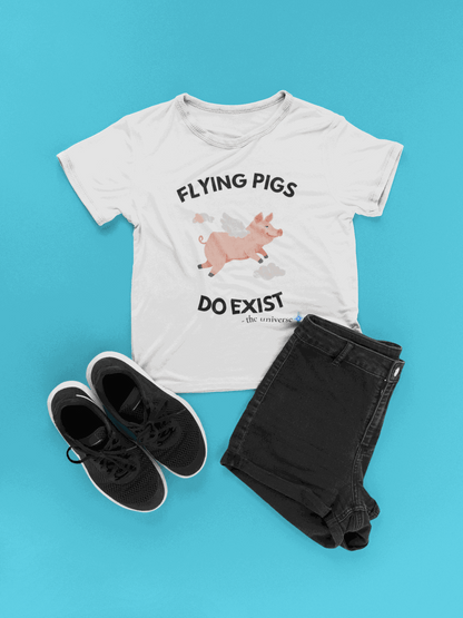 White t-shirt with a flying pig graphic and text that says "Flying Pigs Do Exist".